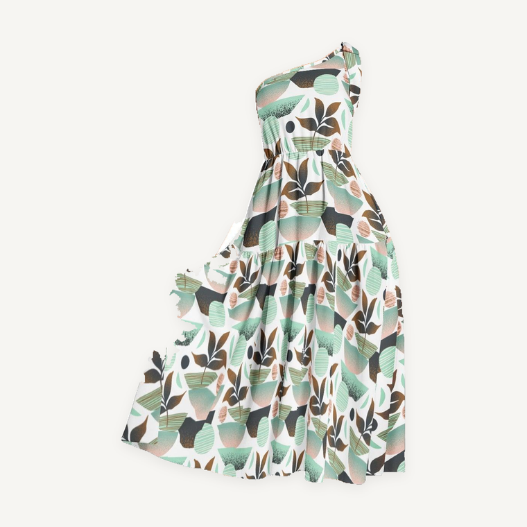 Teal Floral One-Shoulder Midi Dress