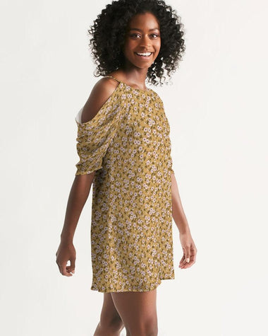 Clothed In Glory Signature Wear Small Flowers Women's Open Shoulder A-Line Dress - ClothedInGloryApparel