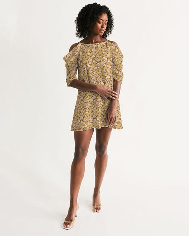 Clothed In Glory Signature Wear Small Flowers Women's Open Shoulder A-Line Dress - ClothedInGloryApparel