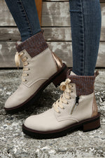 Women’s Knitted Patched Lace-up Heeled Ankle Boots