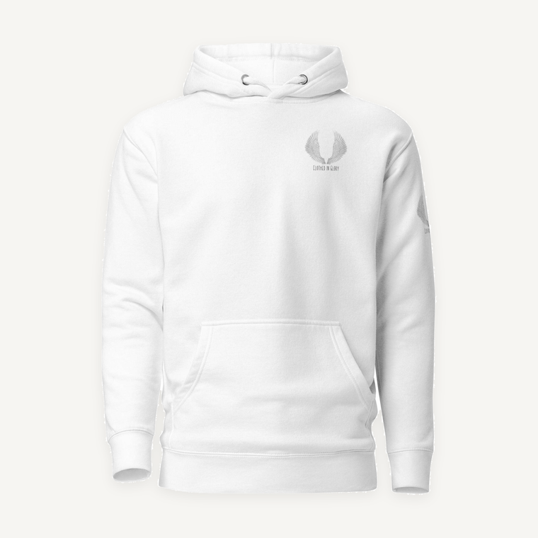 Clothed In Glory Classic Small Black and White Logo Unisex Hoodie