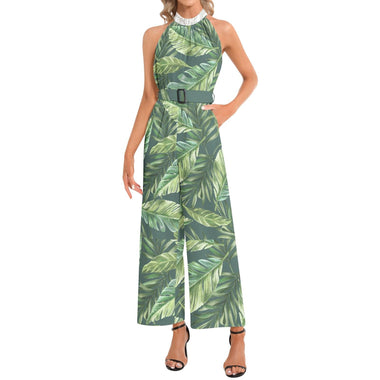 Clothed In Glory Signature Wear Large Green Leaf Halter Neck Buckle Belted Women’s Jumpsuit - ClothedInGloryApparel