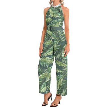 Clothed In Glory Signature Wear Large Green Leaf Halter Neck Buckle Belted Women’s Jumpsuit - ClothedInGloryApparel