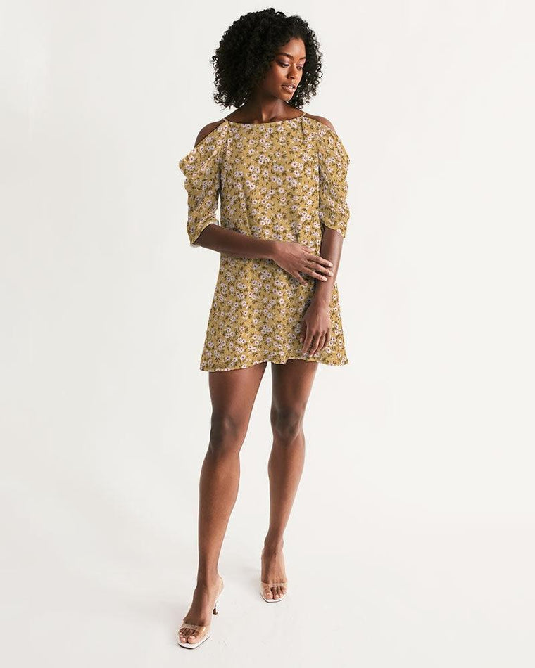 Clothed In Glory Signature Wear Small Flowers Women's Open Shoulder A-Line Dress - ClothedInGloryApparel