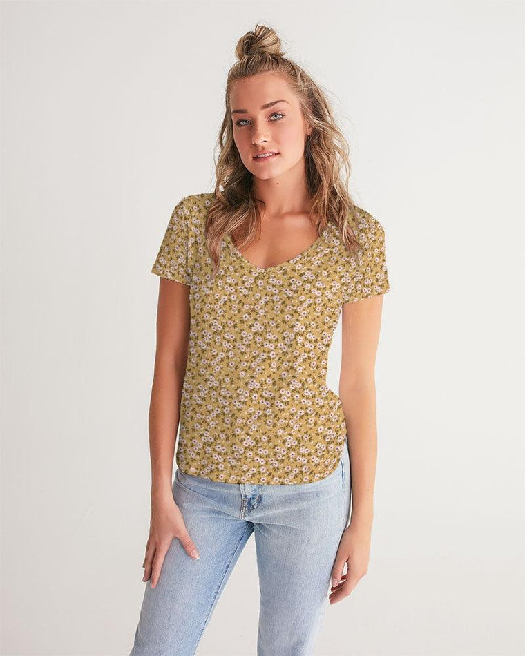 Clothed In Glory Small Flowers Women's V-Neck Tee - ClothedInGloryApparel